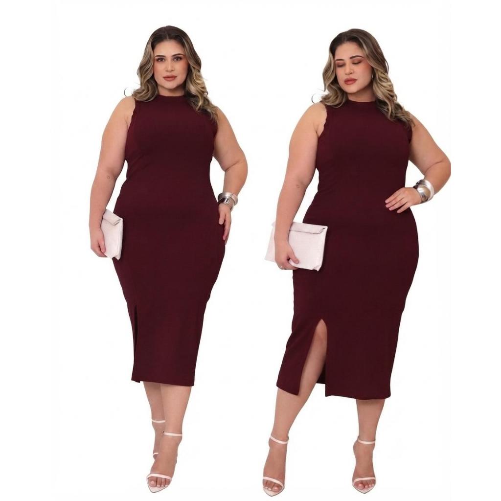 Vestido Feminino Midi Regata Plus Size Gola Redinda Fenda Lateral Canelado  Festa Casual GG G1 G2