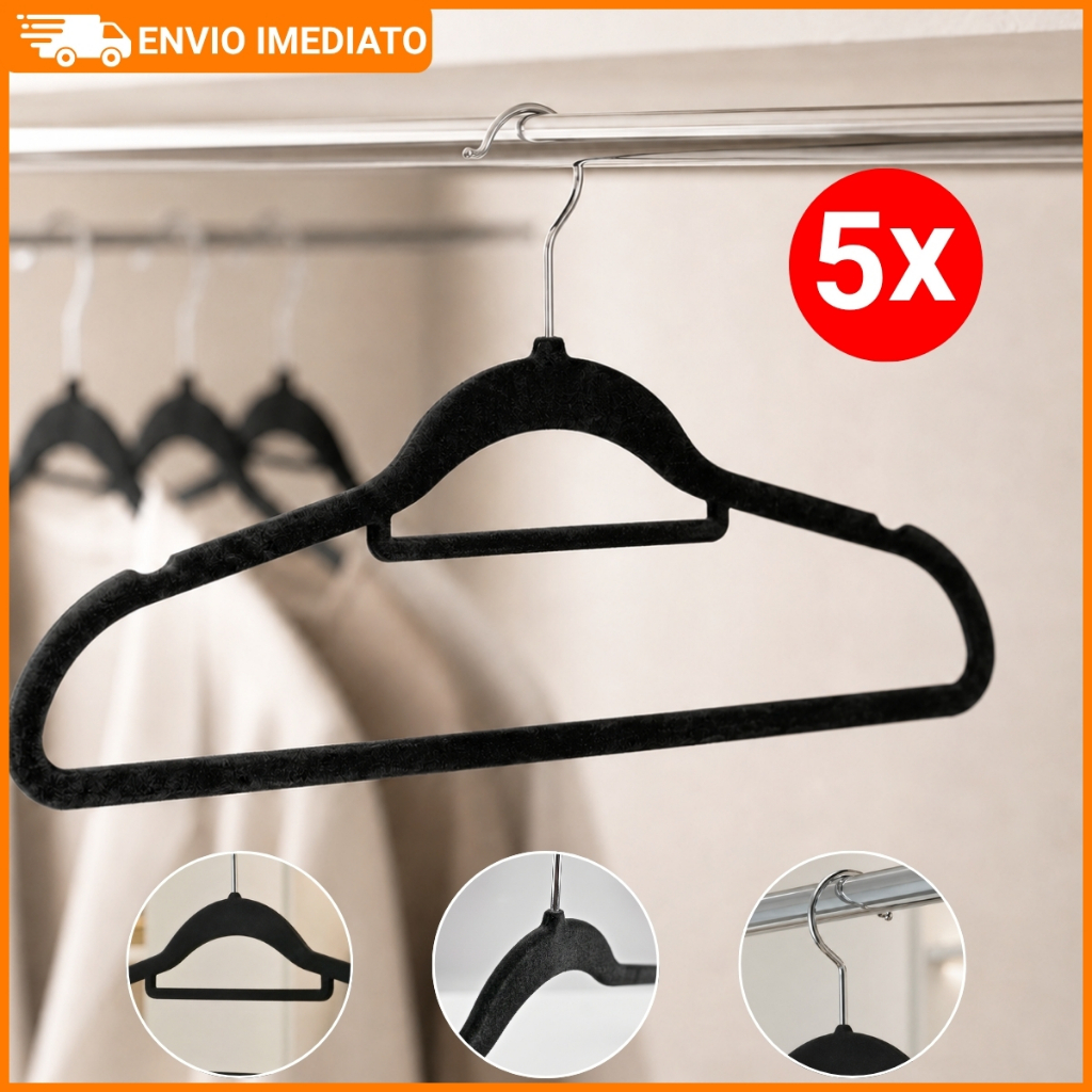 Kit 5 Cabides Veludo Para Roupa Antideslizante Adulto Ultra Fino Resistente Preto Lyor