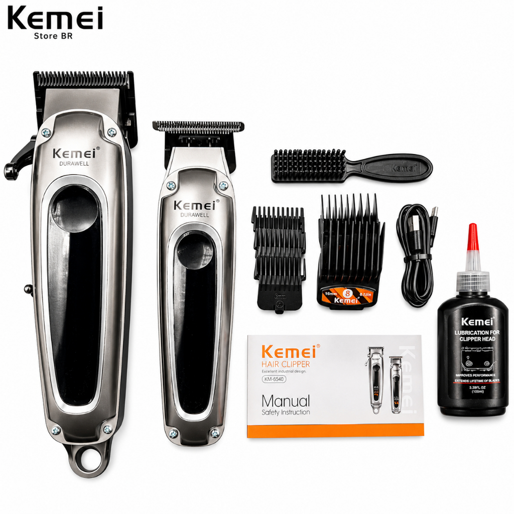 KIT 2 EM 1 KEMEI KM-8540 BIVOLT PARA CABELO BARBA E CORPO POTENCIA DE 5W PORTATI
