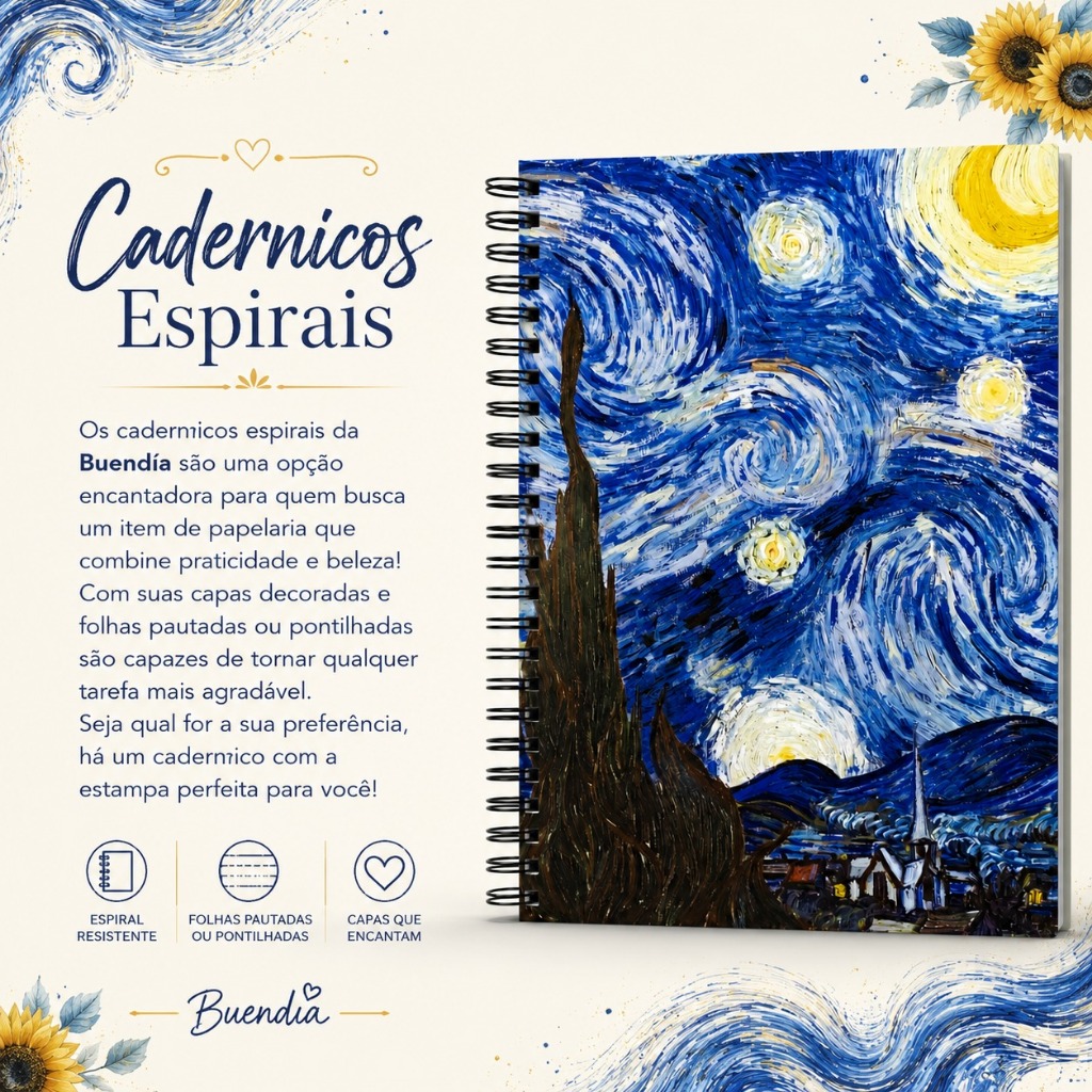 Detalhes do Cadernico Espiral Buendía – Noite Estrelada Folhas Decoradas