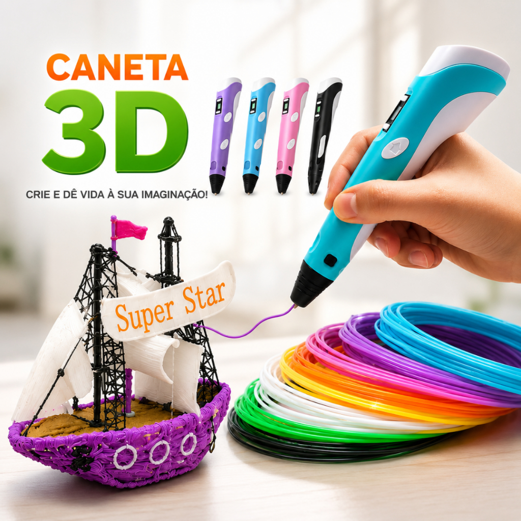 Caneta Impressora 3D Infantil e Adulto Tela LCD Recarregável Kit com Filamento PLA ABS Caneta Mágica