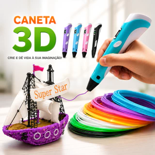 Caneta Impressora 3D Infantil e Adulto Tela LCD Recarregável Kit com Filamento PLA ABS Caneta Mágica