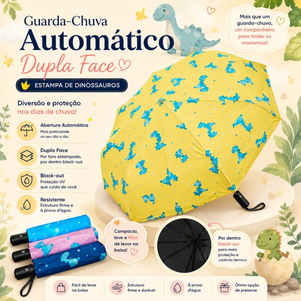 669 - Guarda Chuva Automático Dupla Face Estampa de Dinossauros