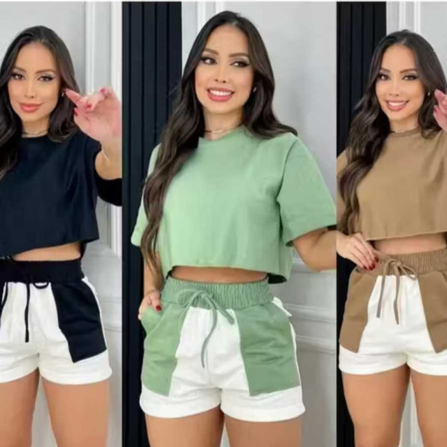 Conjunto Bicolor P. M. G. GG. G1. G2. G3 Blusa Com Manga Curta Short Bicolor Cintura Alta Moletinho Premium