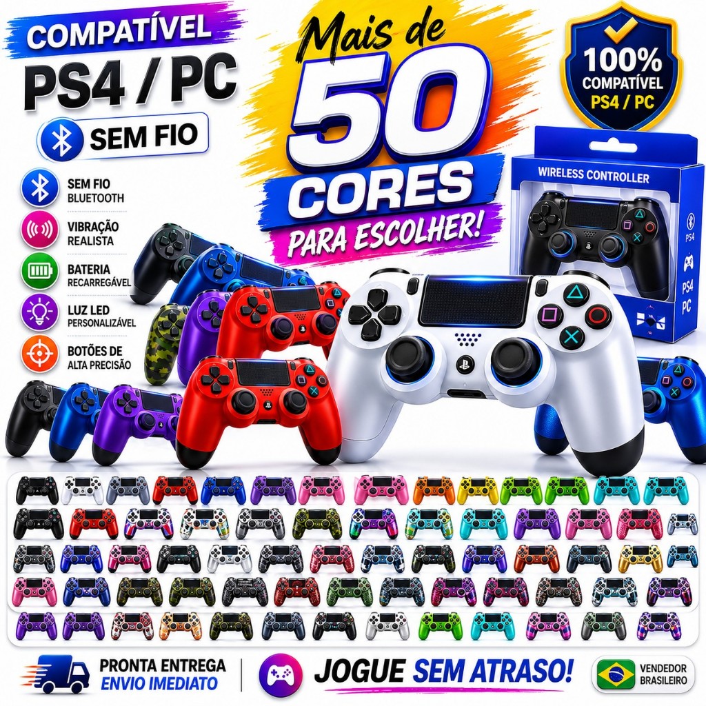 Controle Sem Fio Compatível PS4 PC Bluetooth Dualshock Alta Performance Várias Cores