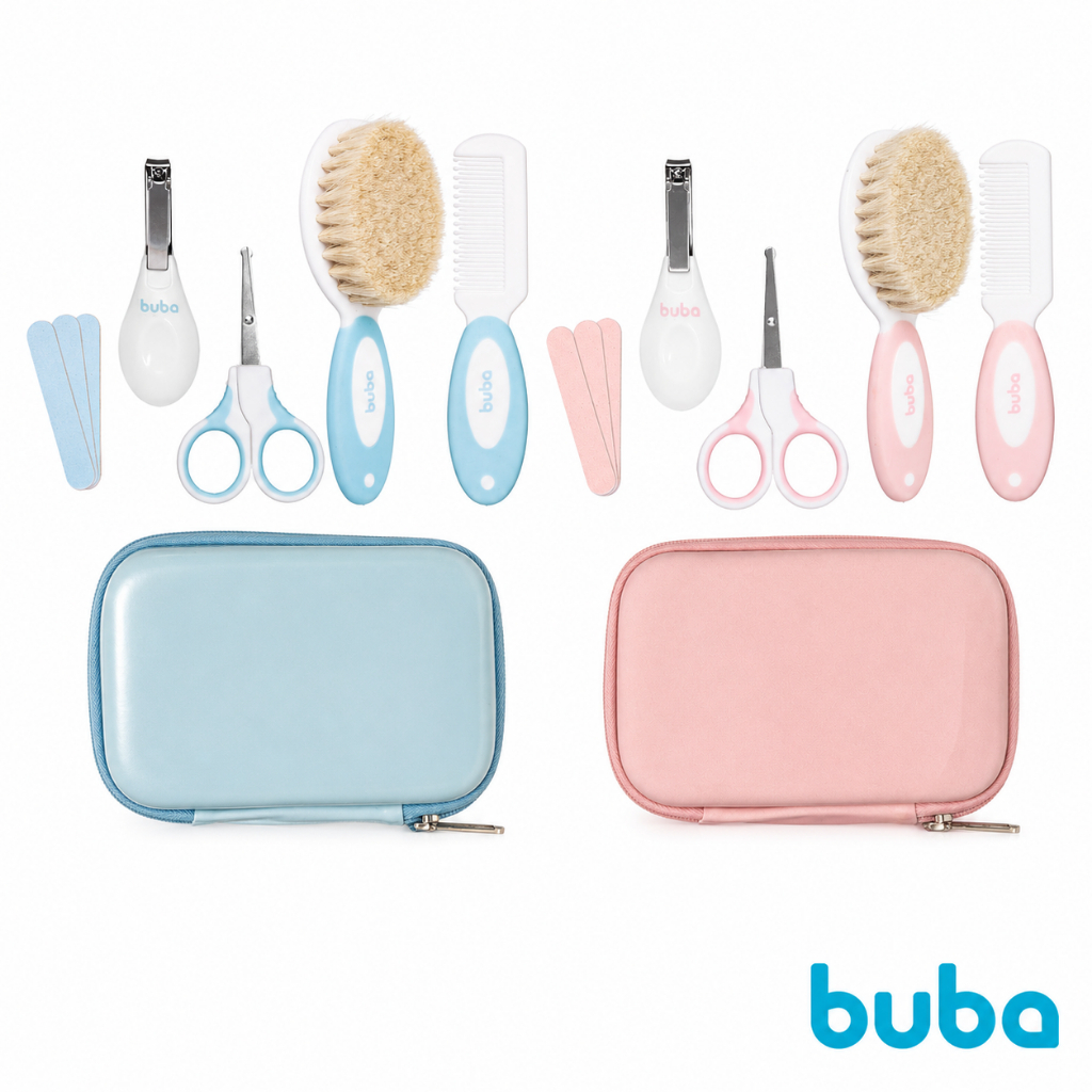 Kit Higiene Bebê Buba Rosa ou Azul com Tesoura Pente Escova Cortador de Unhas Estojo Infantil Cerdas Naturais