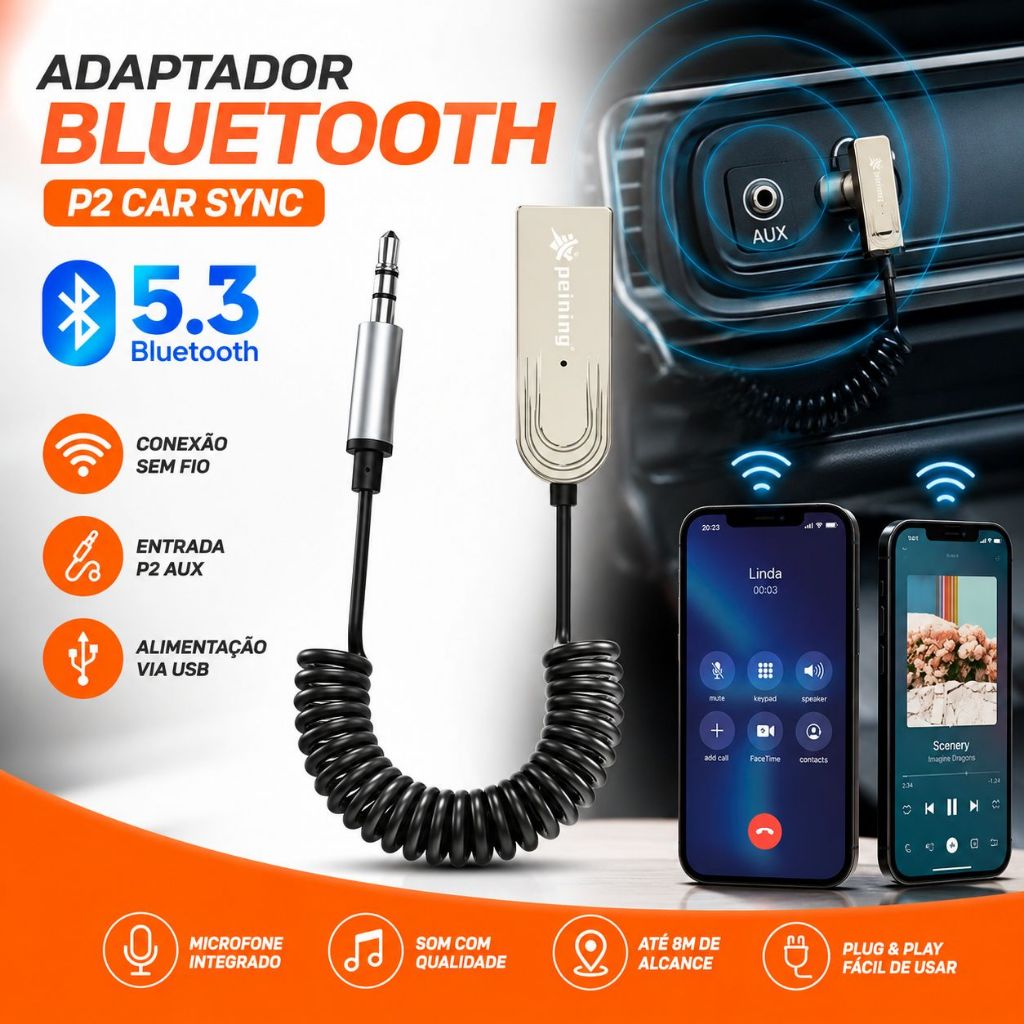 Adaptador Bluetooth 5.3 Automotivo USB P2 Jack Receptor Som Carro Caixa Amplicadoras