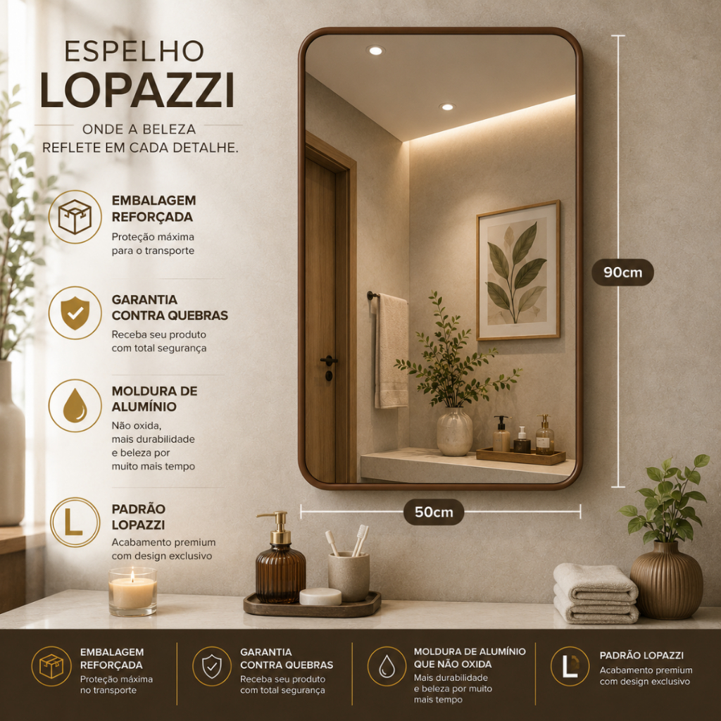 Imagem ESPELHO GRANDE RETANGULAR COM MOLDURA CORPO INTEIRO 90X50CM QUARTO SALA BANHEIRO