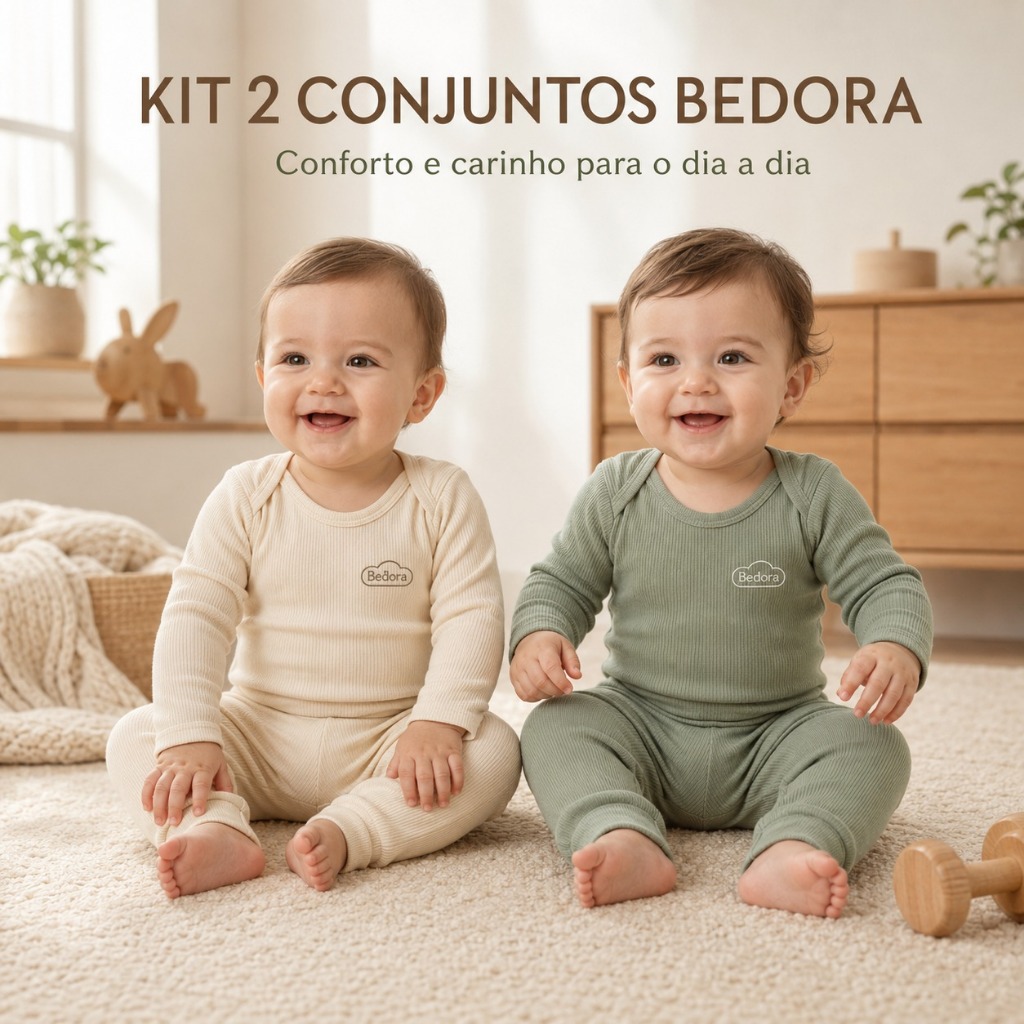 Kit 2 Conjuntos Bodys Bebê Ribana Bedora 2 Bodys + 2 Calças Infantis Confortável Unissex Macio