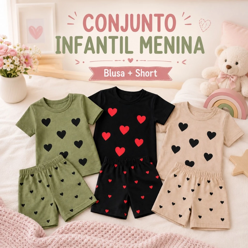 Conjunto Infantil Menina Verão Coração Blusa Short Ciclista Algodão G a 08 Anos