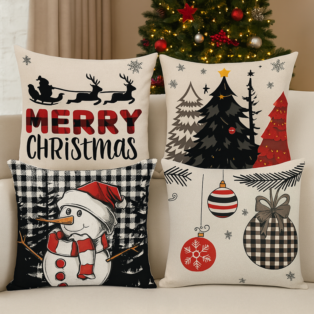 Kit 4 Capas Almofada Digital Decorativa De Natal 43x43 Cm