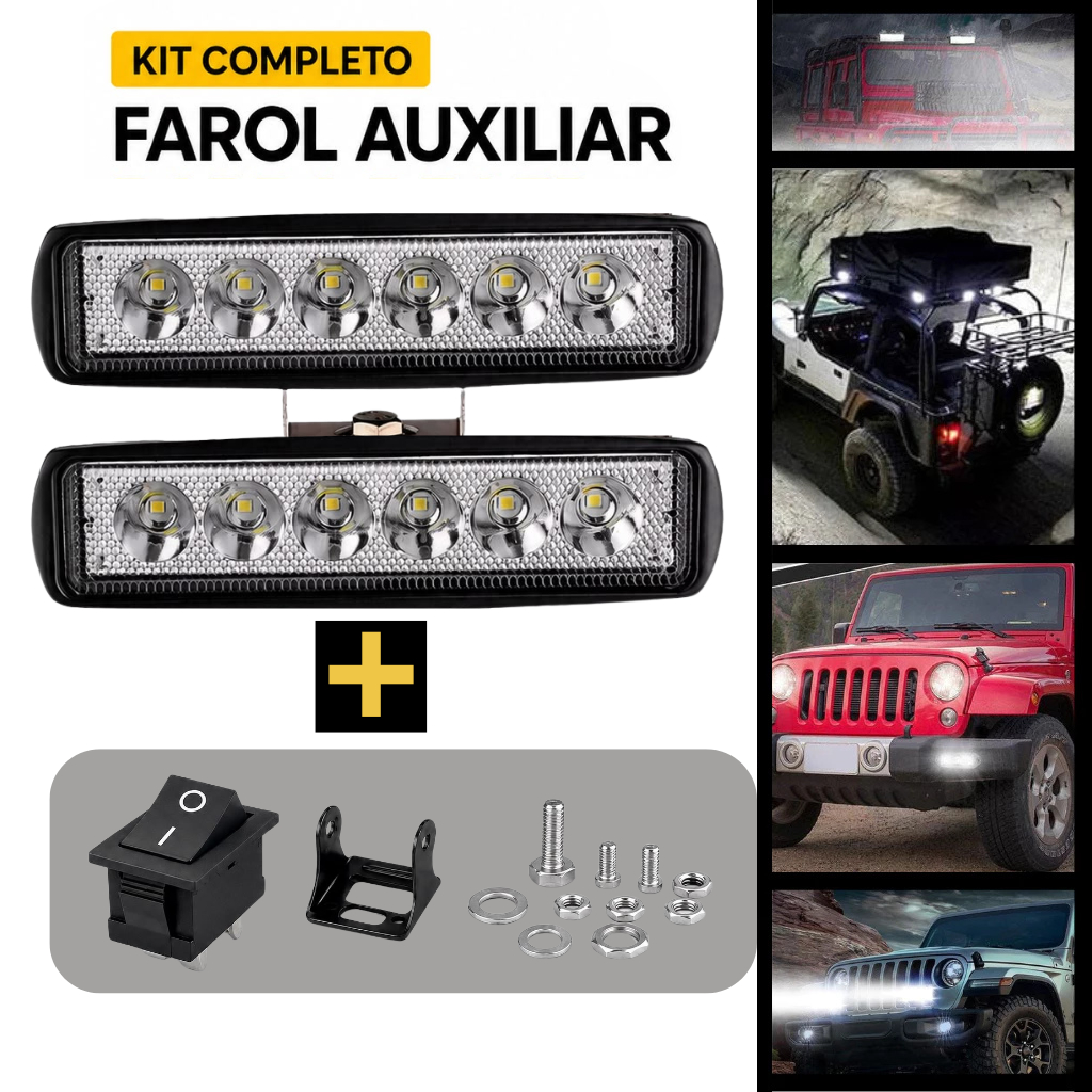 K I T FAROL DE MILHA AUXILIAR + BOTÃO INTERRUPTOR GANGORRA Barra Universal Carro 6 Leds 18w 12v 6000k A prova d'água
