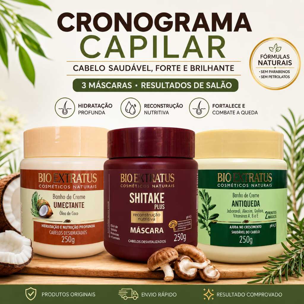 BioExtratus kit Cronograma Capilar 3x250g Banho de creme Antiqueda, Umectante, Máscara Shitake
