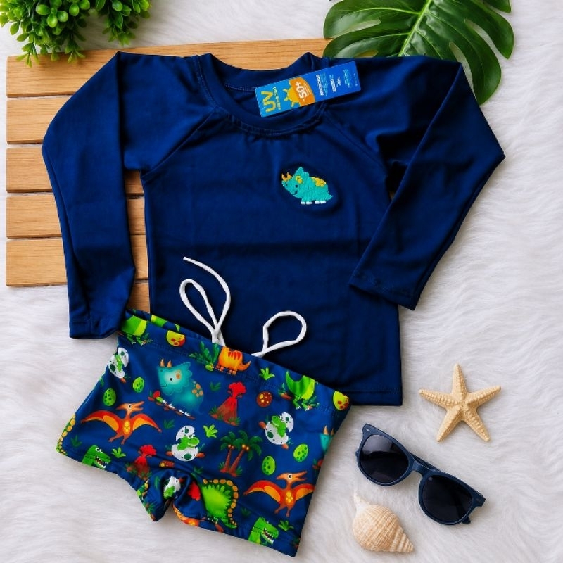Sunga Infantil + Blusa Proteção Térmica UV50+ Roupa De Banho Bebê Conjunto Praia Piscina