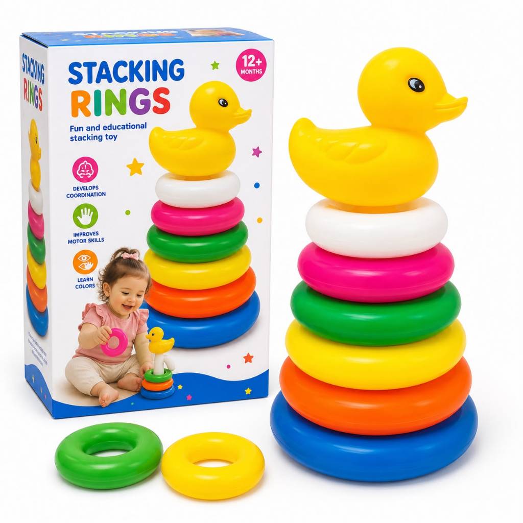 Torre de Argolas Patinho Montessori Brinquedo Educativo Infantil Empilhar Encaixe Coordenação Motora