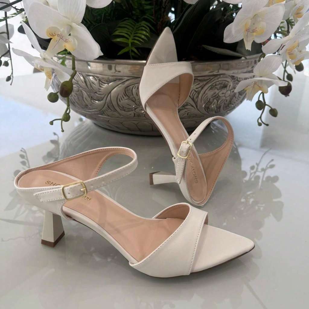 Sandália Tamanco Feminino Caramelo Salto taça 7 cm Bico Folha Confortavel Elegante
