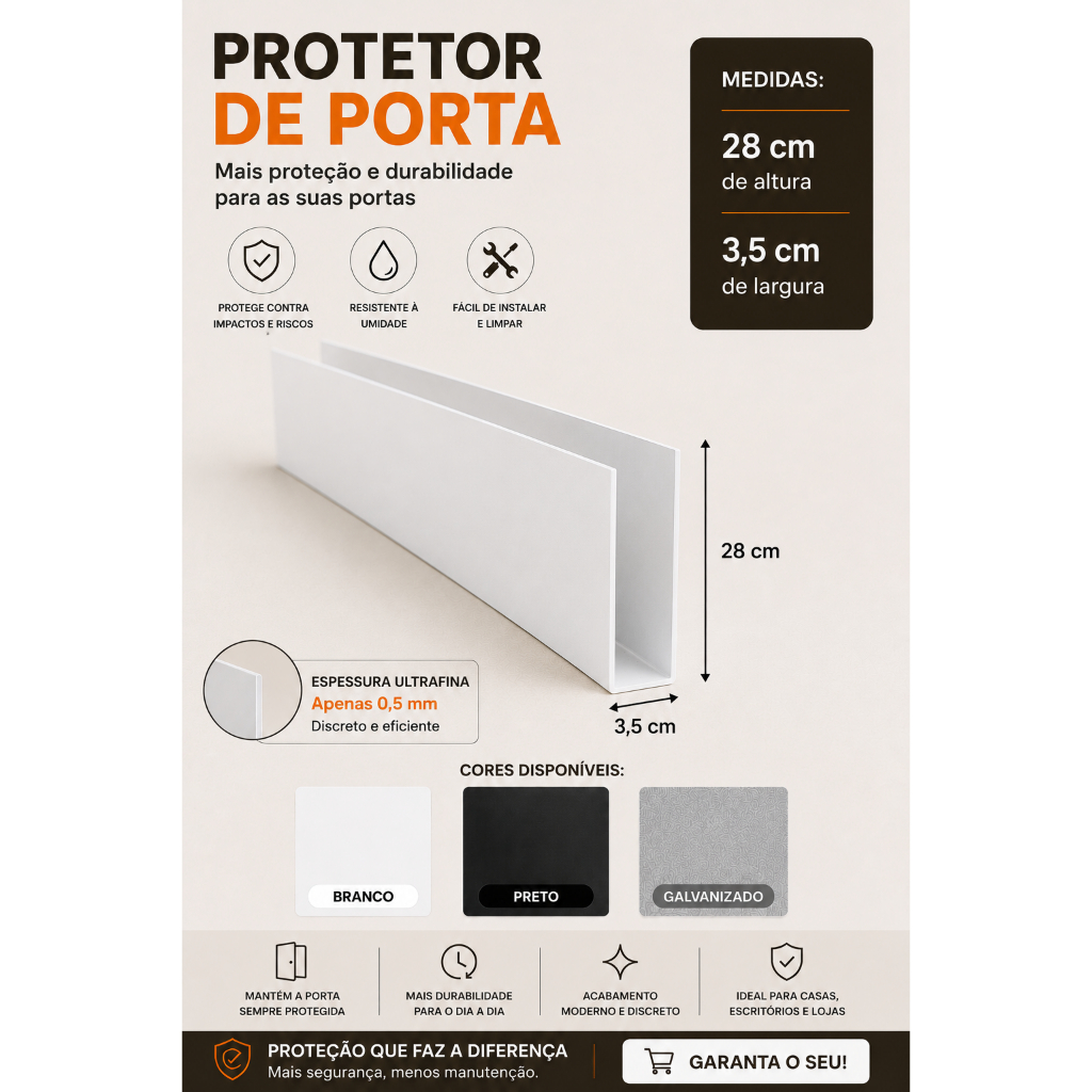 Protetor Salva Porta 3,5cmx28cm Branco/Preto/Galvanizado Pintura Eletrostática