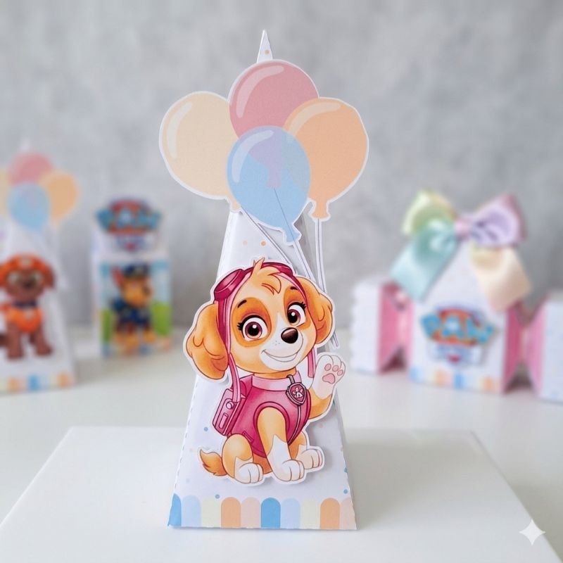 Caixinhas Pirâmide Personalizadas Pegue e Monte Sky Patrulha Canina Kit Festa Lembrancinhas Aniversário