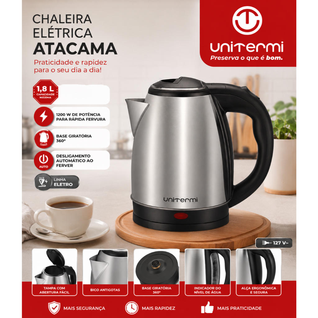 Chaleira Elétrica Unitermi 1,8L Inox 1200W Fervura Rápida Base 360° Desligamento Automático 127V