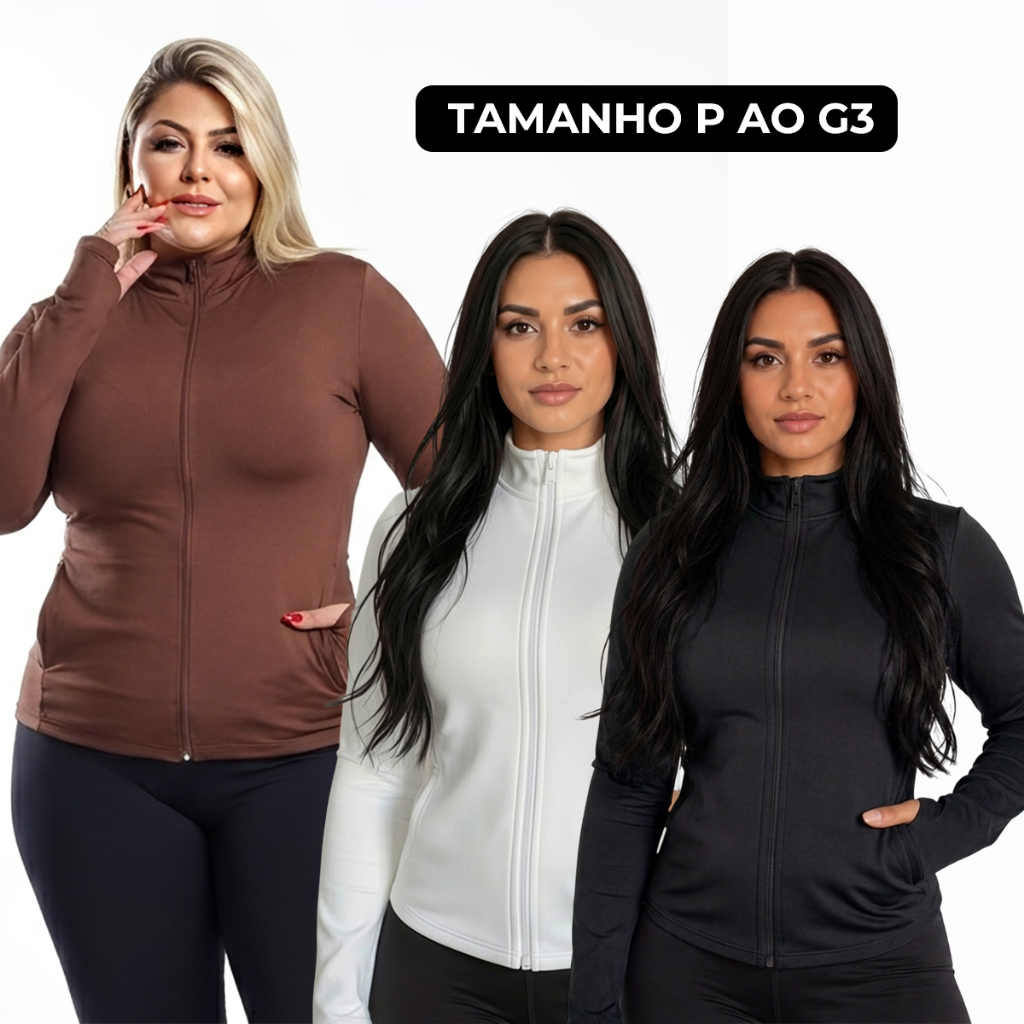 Casaquinho Jaqueta Academia Feminina Fitness Zíper e bolso Estilo Gringa Yoga Plus Size