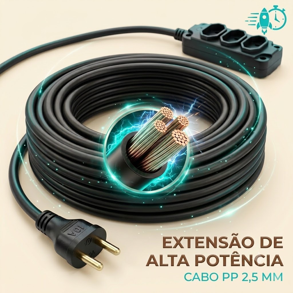 Extensão Elétrica Reforçada Cabo PP 2,5mm 20A Alta Potência