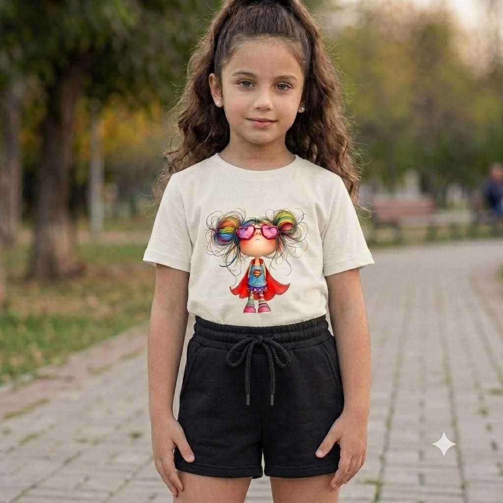 Conjunto de Camiseta e Bermuda Infantil Algodão Estampado Super Menina Estiloso