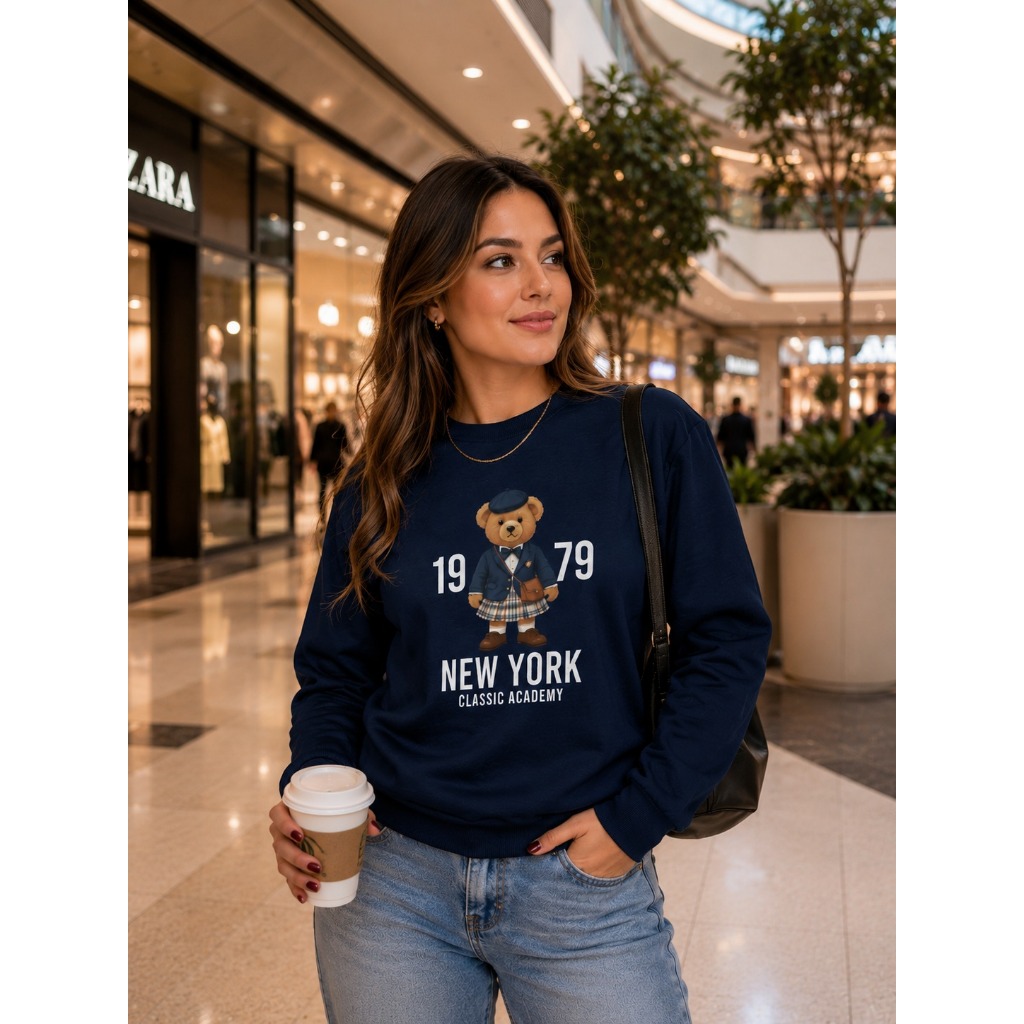 Moletom Feminino Urso Newyork  sem Capuz Gola Redonda  Careca Peluciado moletom Blogueira Moda Ursinho Streetwear