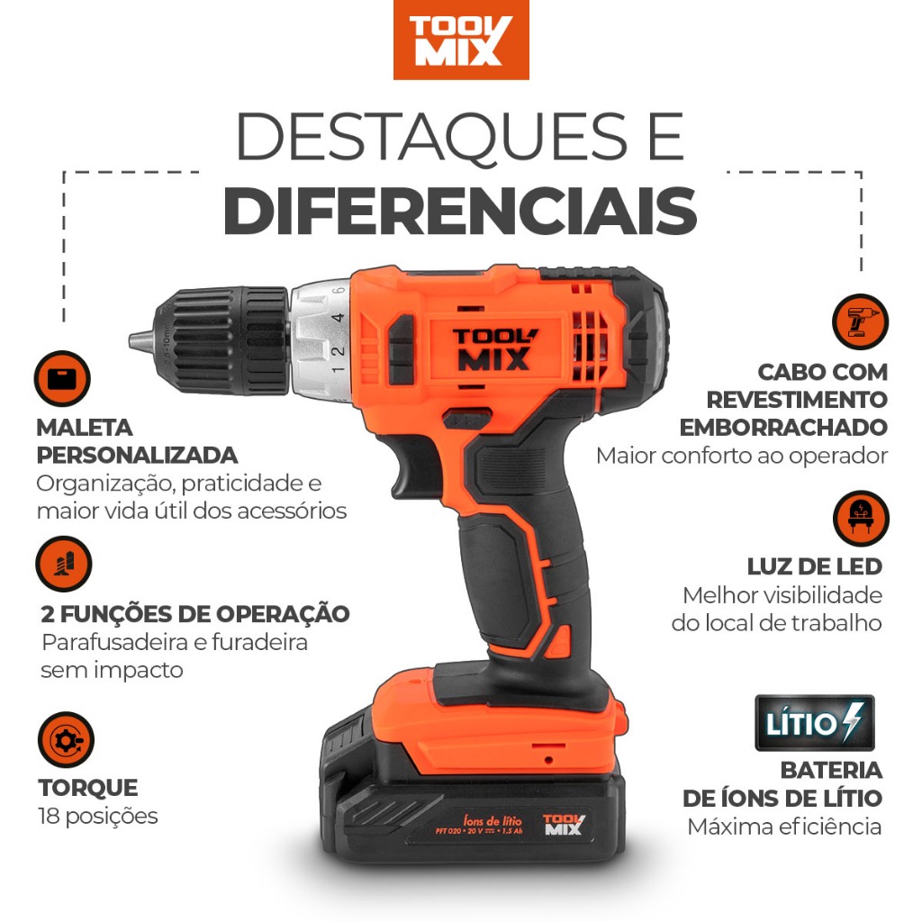 Parafusadeira Furadeira 20V Toolmix PFT020 22Nm Bateria de Lítio Maleta Mandril 10mm
