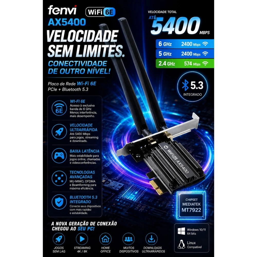 Placa de Rede Wifi6E AX5400Mb/s Adaptador Wifi PCIe Fenvi + Bluetooth 5.3