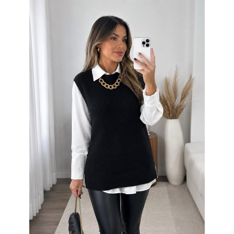 Colete tricô feminino chique ponto fang sobreposição camisa inverno tricot quente