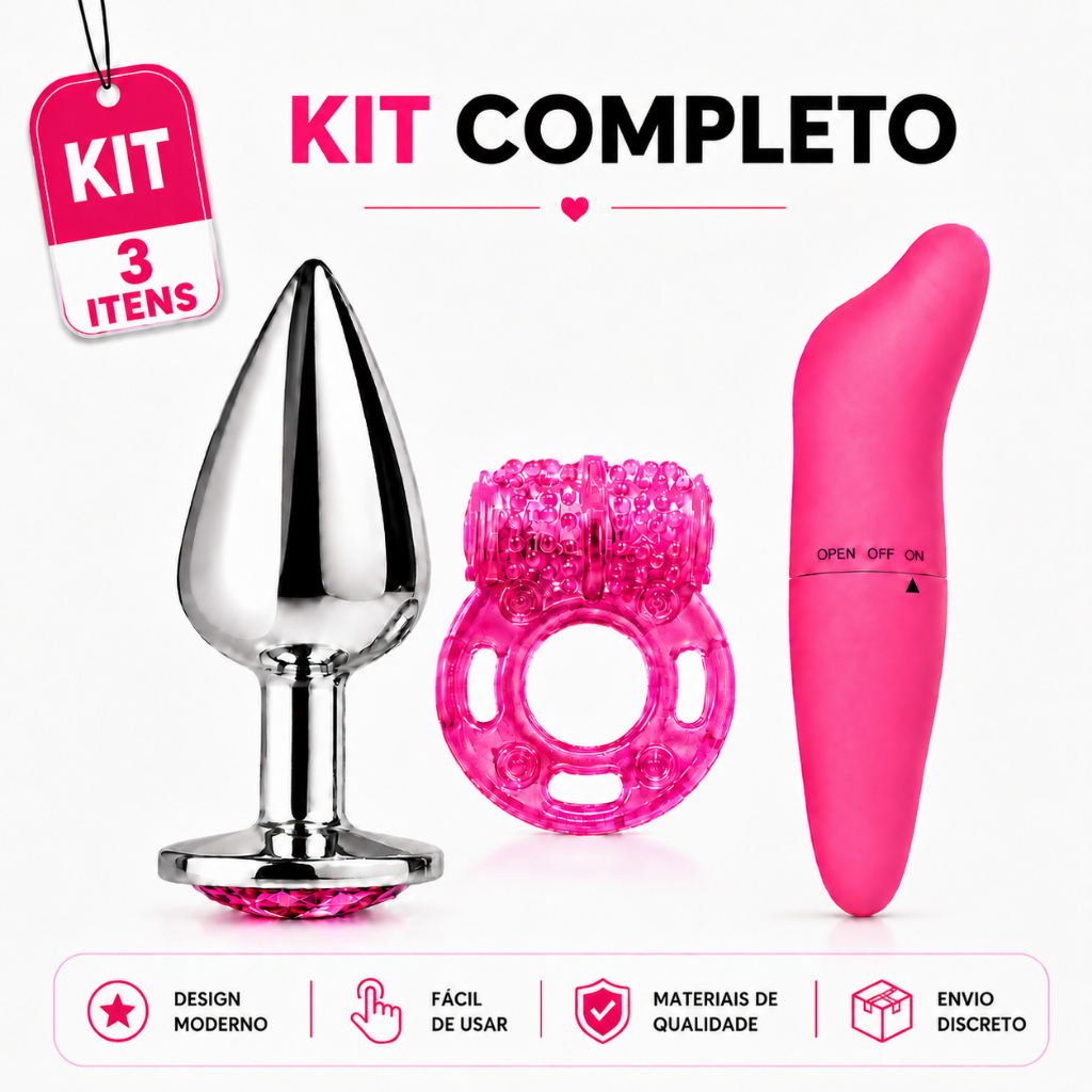 Kit Plug Anal + Vibrador e Estimulador Ponto G Feminino + Anel Peniano com Vibração Ereção Prolongada