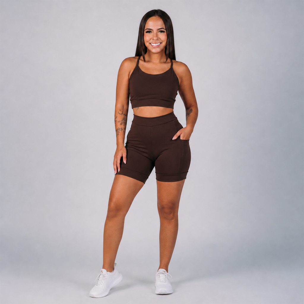 Conjunto Aura Fitness Feminino Top Alcinha Cruzado nas Costas + Short com Bolso Lateral Academia