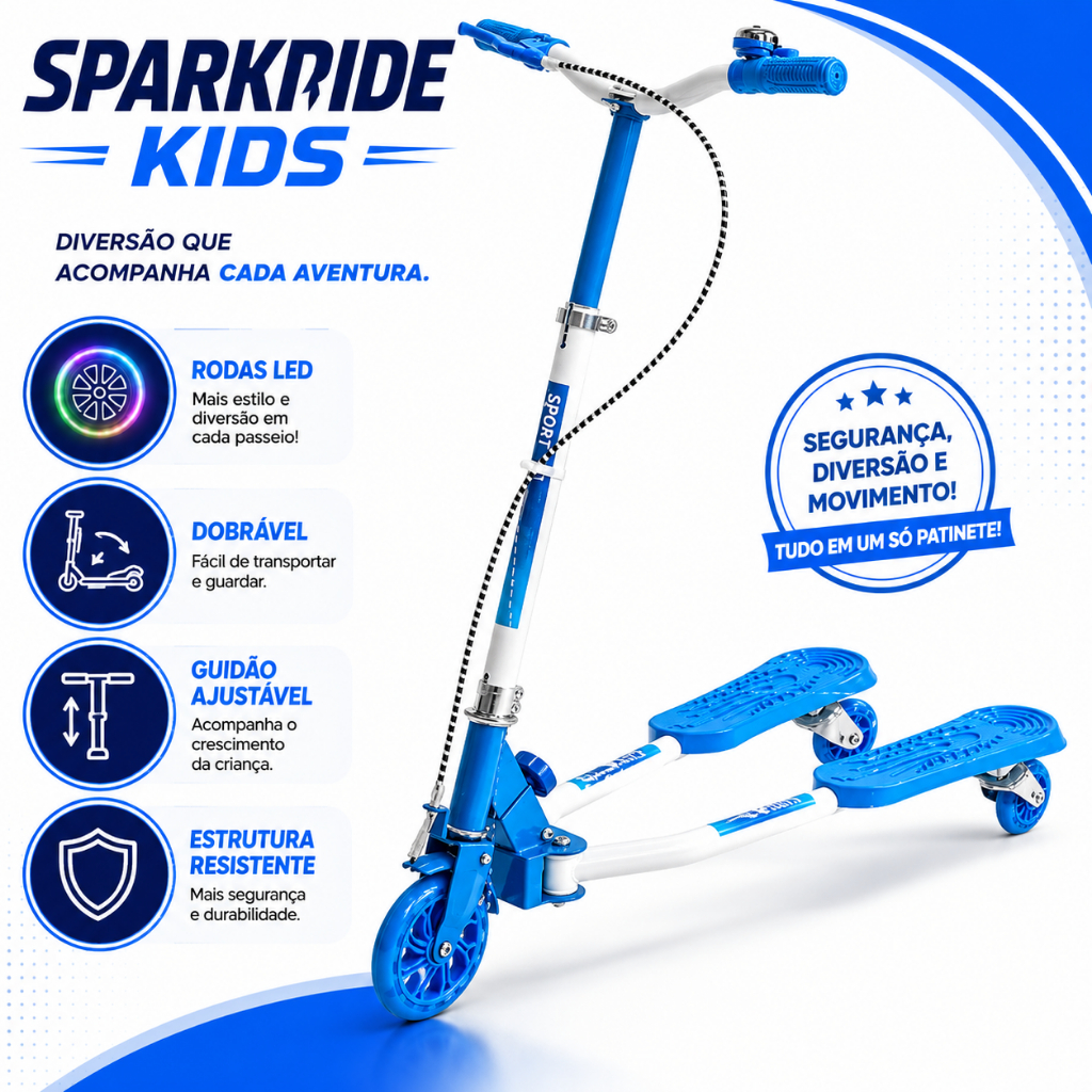 Patinete Infantil Dobrável SparkRide Kids Rodas LED Silicone Guidão Ajustável Azul Antiderrapante