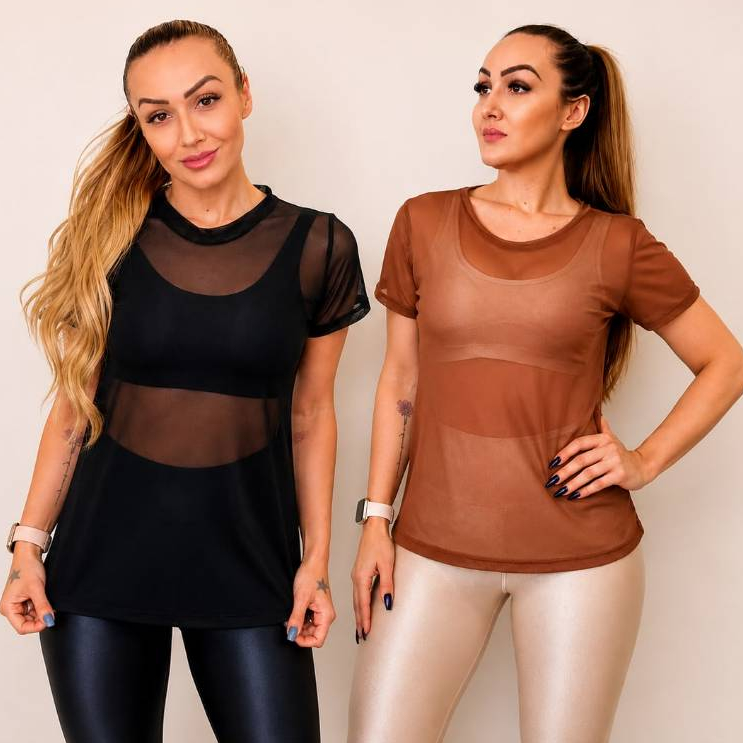 Blusas Feminina Fitness Academia Veste Tule Camiseta Dry Fit Top Treino
