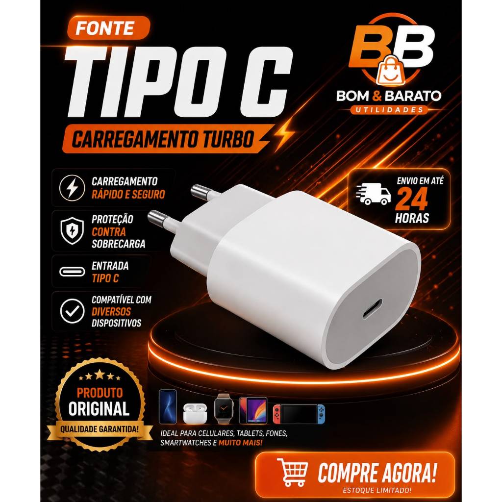 Fonte Carregador Tipo C 20W Turbo Carregamento Rápido e Seguro | USB-C Universal