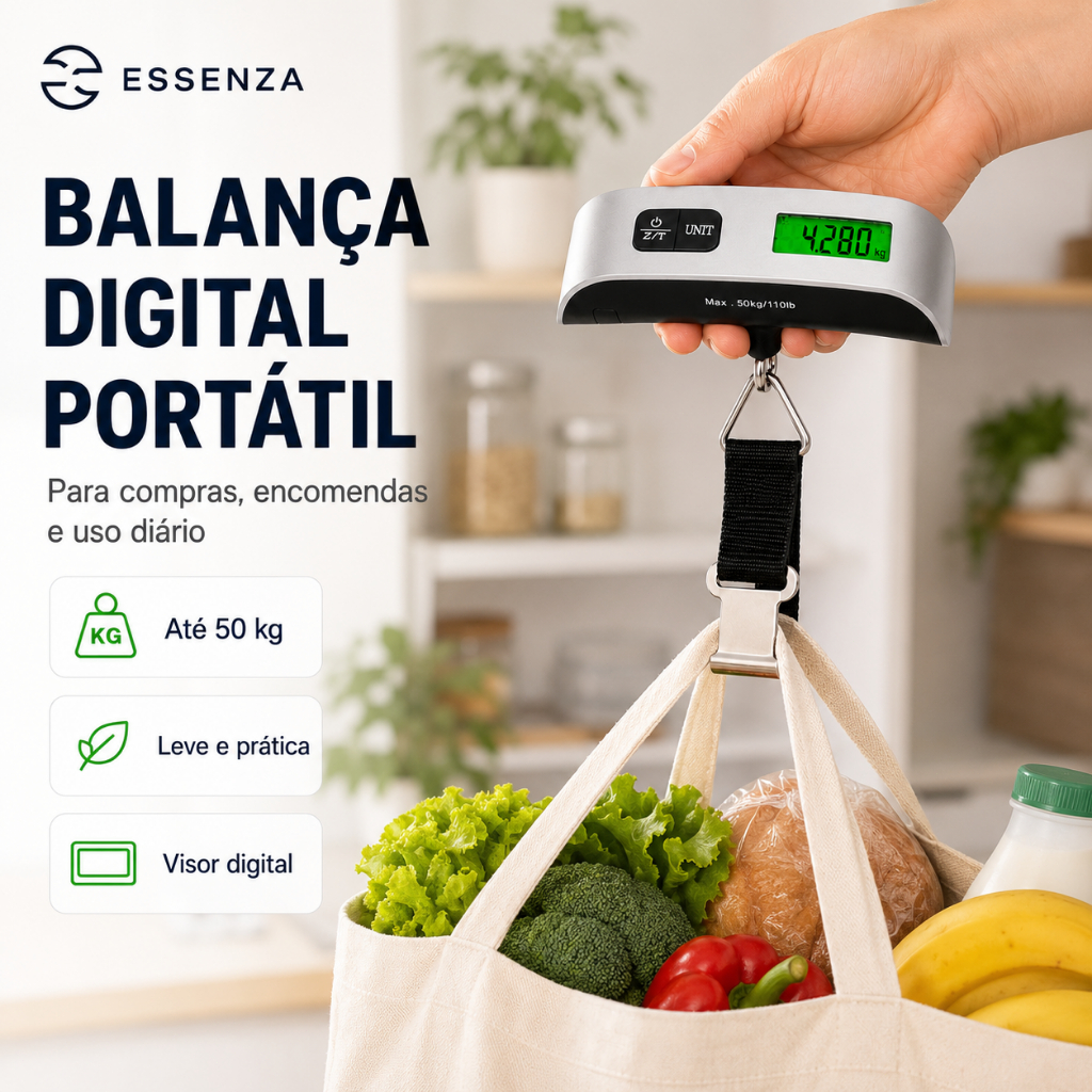 Imagem Balança de Mão Digital Essenza para Malas de Viagem e Encomendas – Alta Precisão até 50kg
