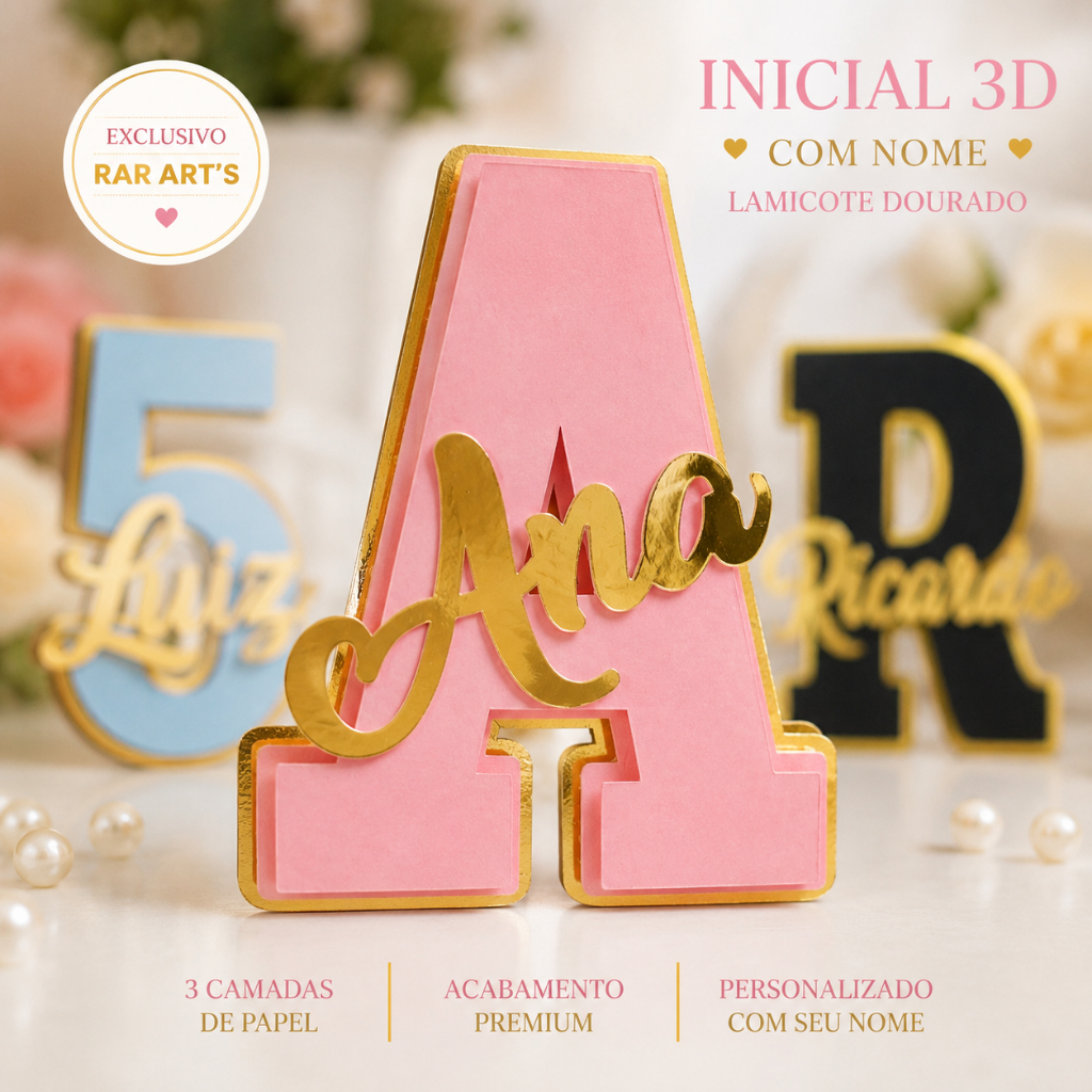 Inicial 3D Personalizada com Nome em Lamicote Dourado | Aplique para Caixinhas e Lembrancinhas