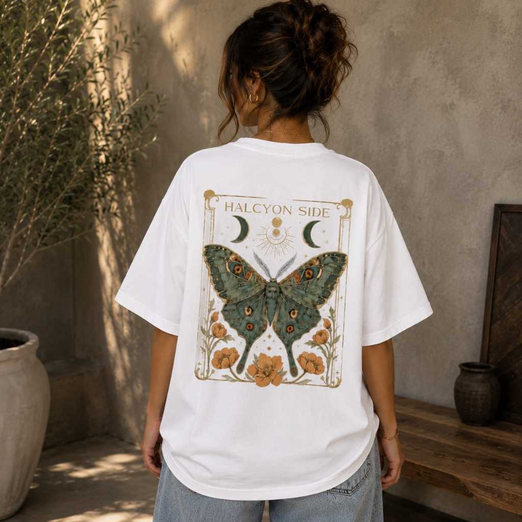 Camiseta Feminina Oversized Estampada Borboleta Floral Vintage Linha Premium 100% Algodão Confortável