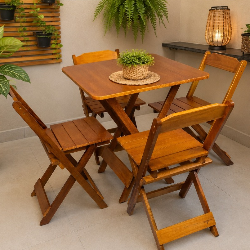 Jogo De Mesa Madeira Dobrável 70x70 C/ 4 Cadeiras Madeira Maciça Kit Multiuso Varias Cores