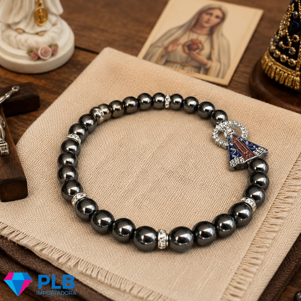 Kit 12 Pulseira Hematita Nossa Senhora Aparecida Pulso Medalha Imagem Religioso Cinza Cravejada