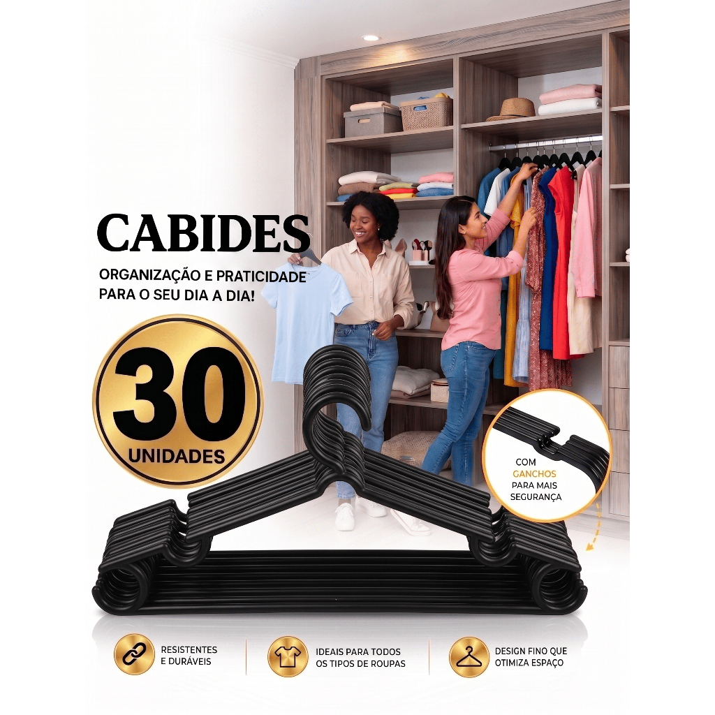 KIT 30 CABIDES REFORÇADO PLÁSTICO PRETO ADULTO ORGANIZADOR RESISTÊNTE ANTIDESLIZANTE PREMIUM
