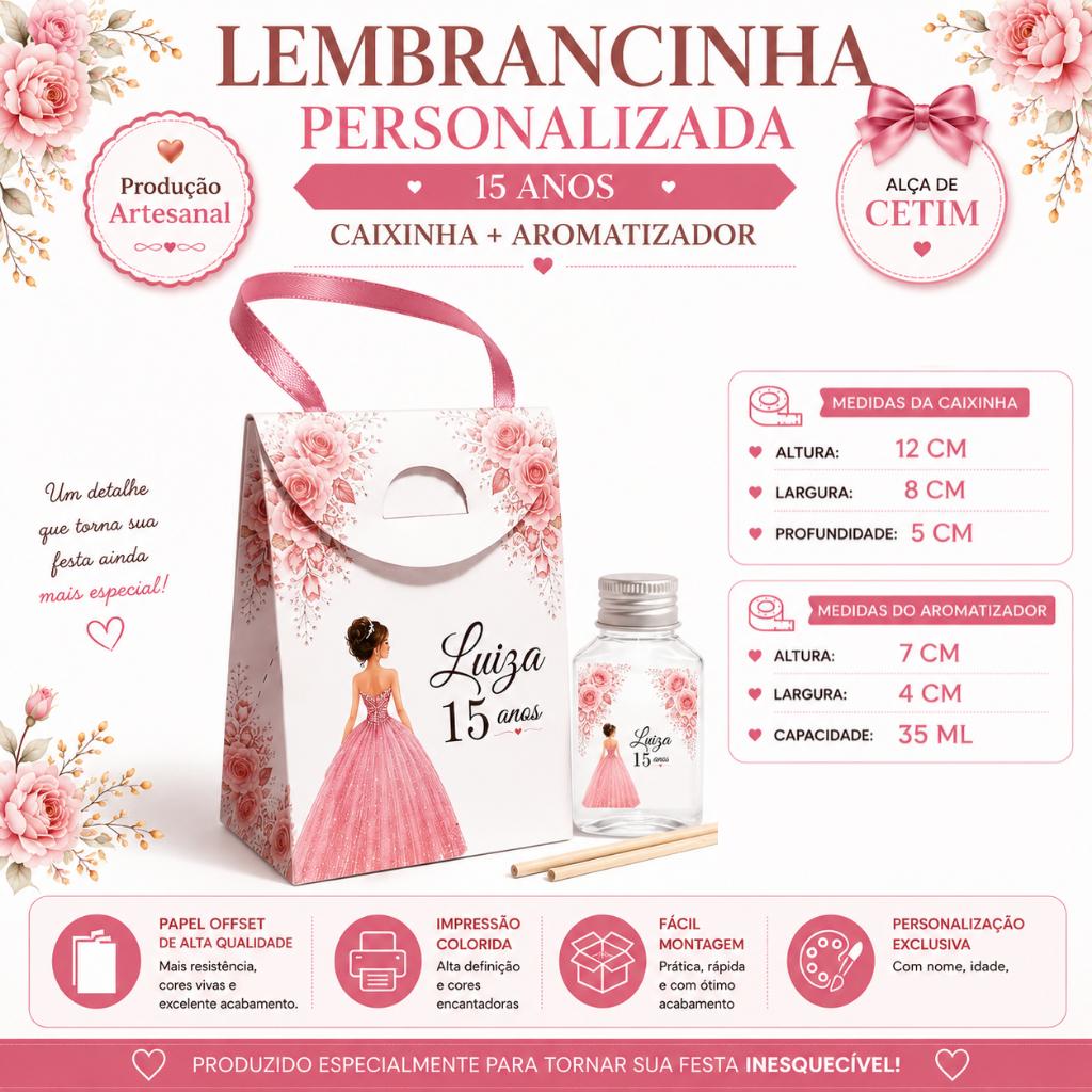 20 Kits Lembrancinha 15 Anos | Caixinha Personalizada com alça de cetim + Aromatizador 35ml ( Rosa)