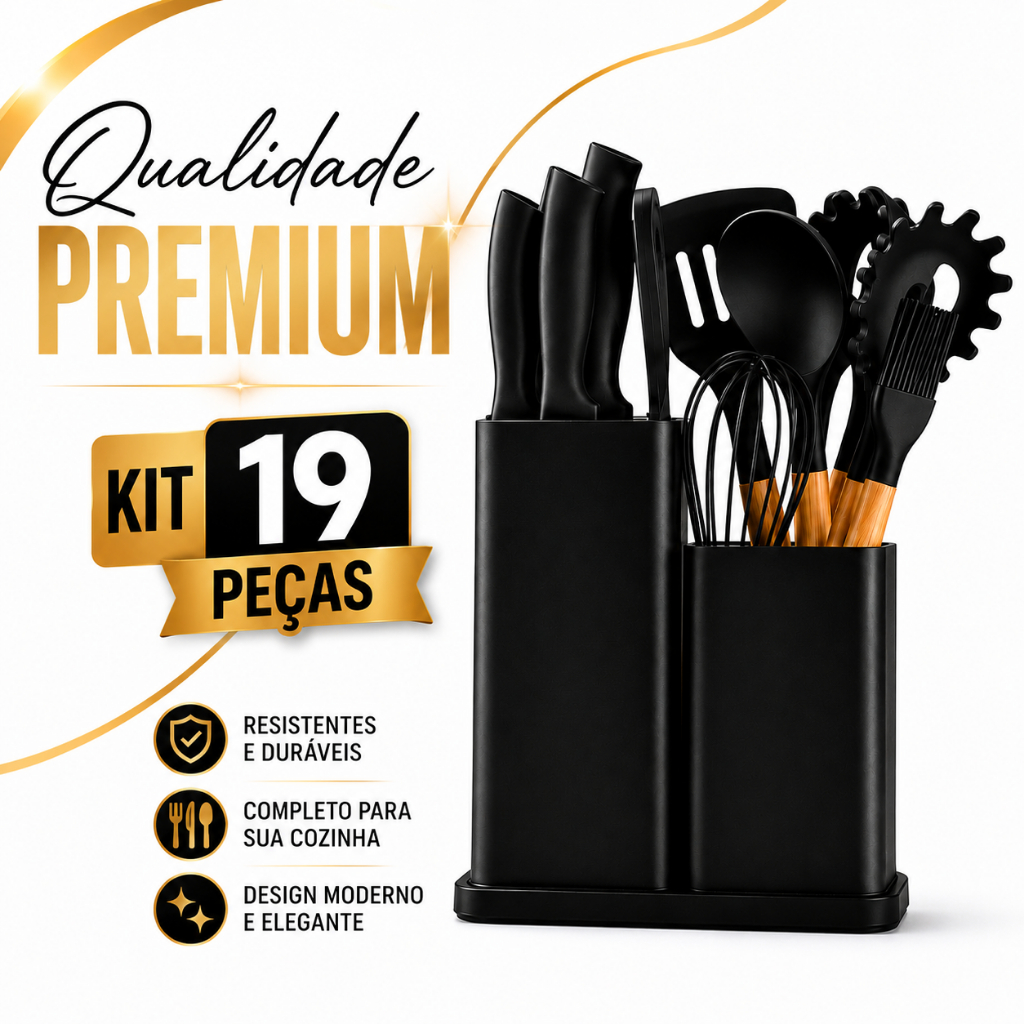 Utensílios de Cozinha Silicone Kit 19 Peças Cabo Madeira Antiaderente Completo com Faca e Tábua