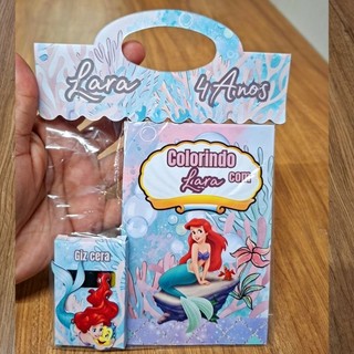 ​Kit Colorir Personalizado Ariel Pequena Sereia Luxo - Revista de Colorir e Giz de Cera - Lembrancinha 10× 15