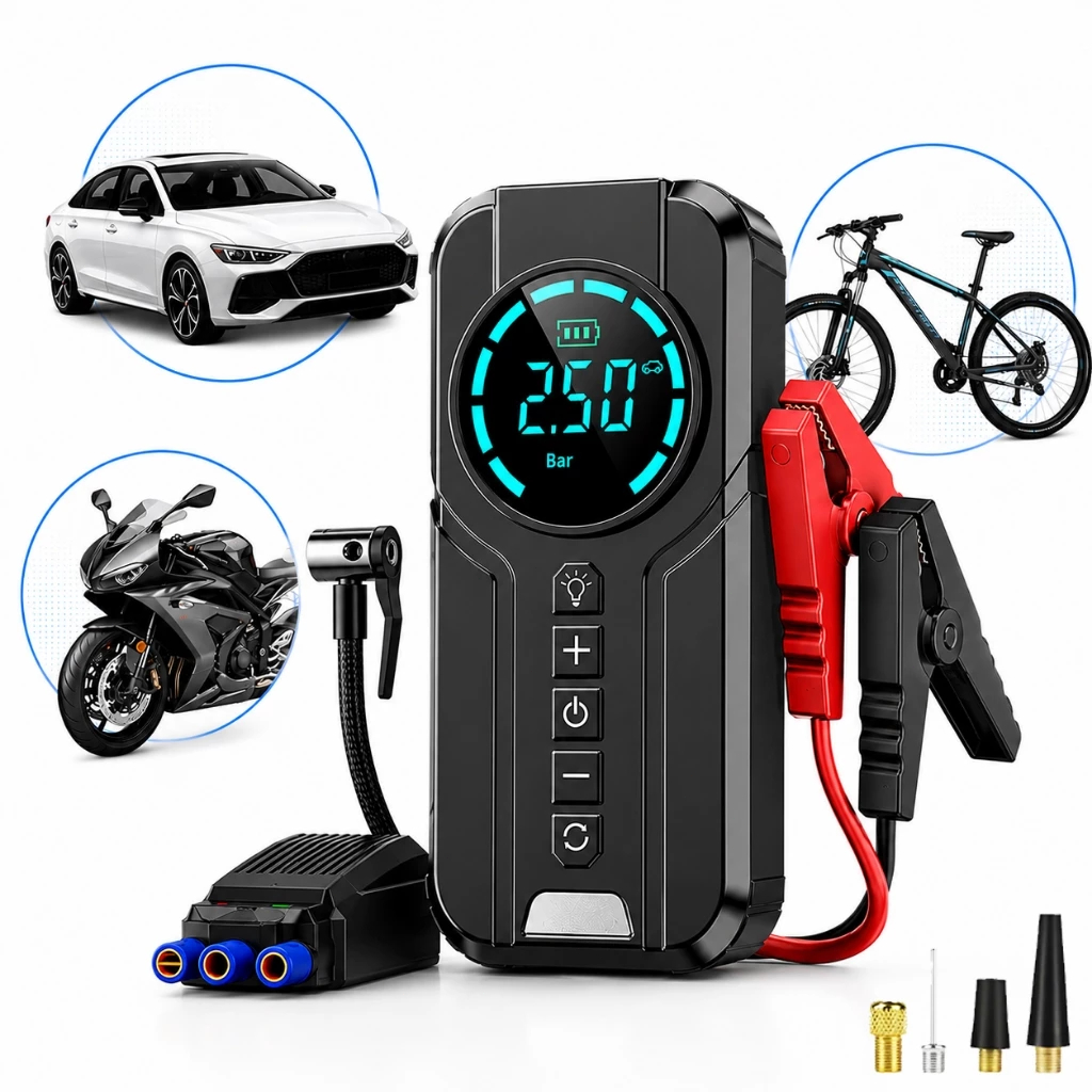 Auxiliar de Partida Carregador Bateria Com Compressor de Ar Emergência Portátil Veicular Automotivo