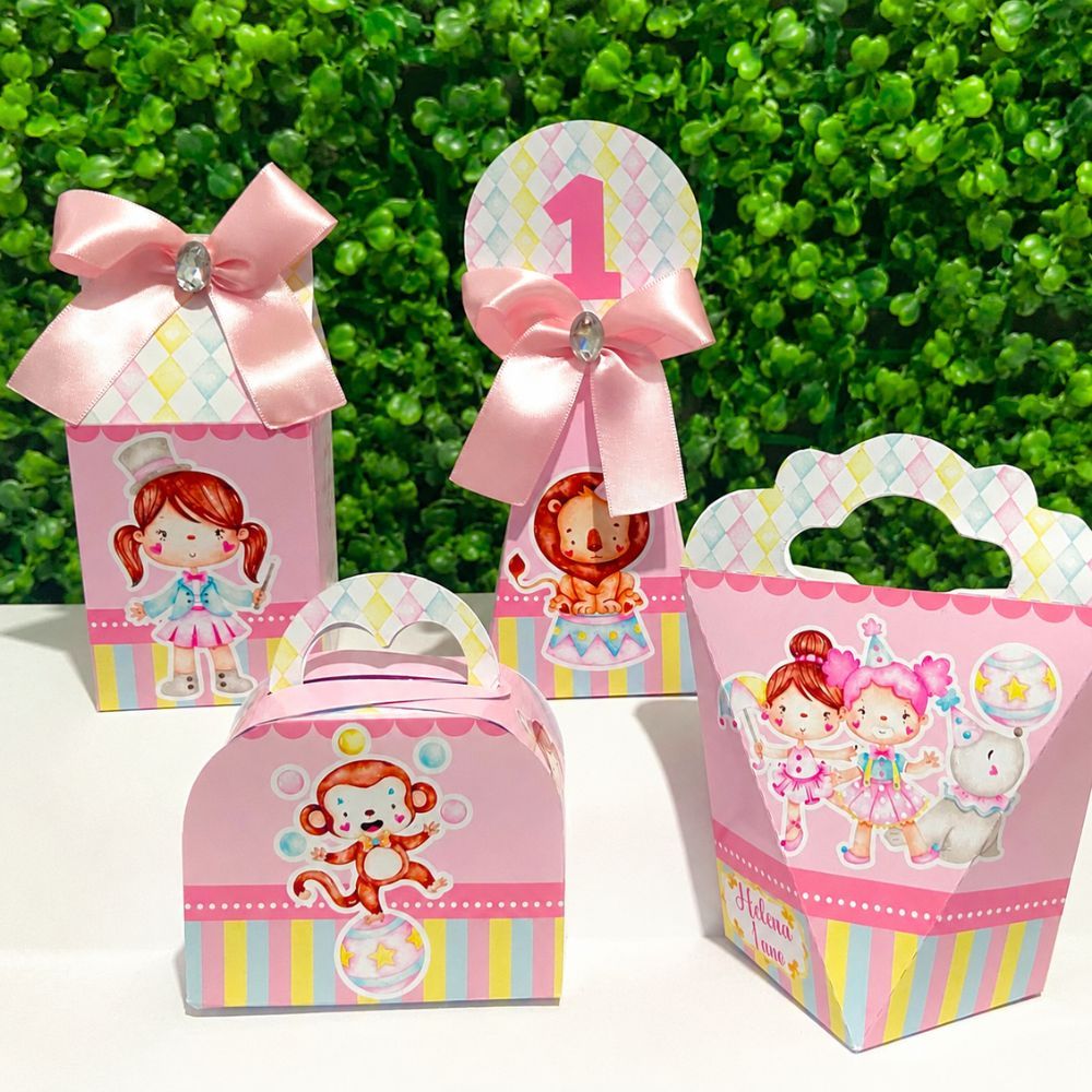 Kit Caixas Personalizadas CIRCO ROSA AQUARELA Lembrancinhas Festa Infantil Aniversário Desmontadas