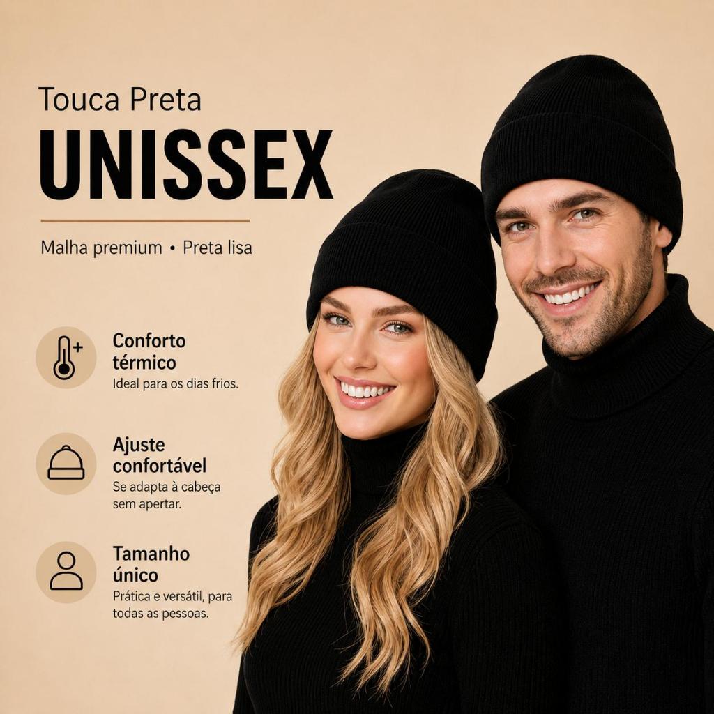 Gorro Touca de Inverno Adulto Unissex Masculina Feminina Tricotada Canelada Preta