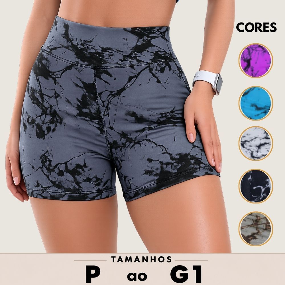 Shorts Feminino Marmorizado Meia Coxa Tie Dye Zero Transparencia Academia Ciclista Cintura Alta