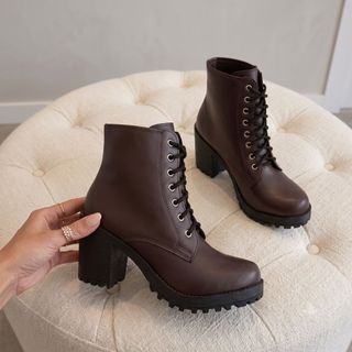 Bota Marrom Café Feminina Salto Alto Grosso Coturno Tratorado Amarrar Cano Curto Com Salto Calçado Inverno