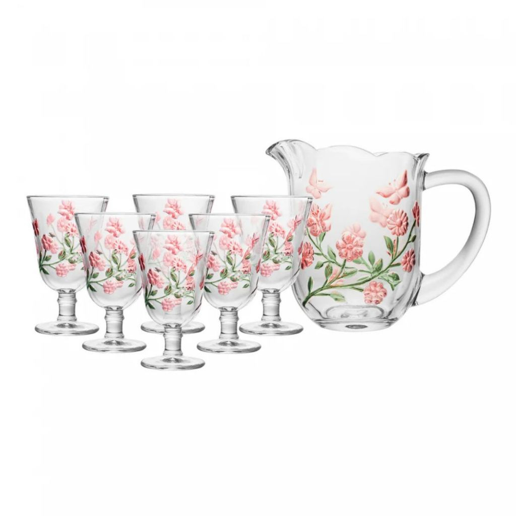 Jarra com 6 Taças Lys Vidro Decorado Floral 1,5L 240ml Jogo de Suco Água Mesa Posta